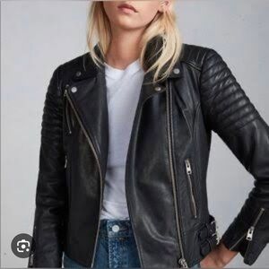 $470 NWT All Saints “Kimber”Leather Biker Jacket in Black Sz 8